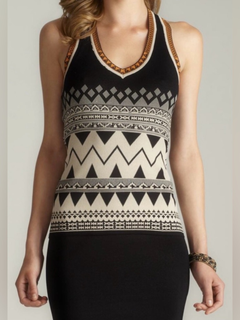 Carmen marc valvo Sleeveless Black and Cream Patterned Knit Dress